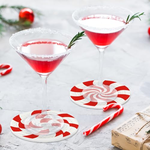 Christmas Candy Cotton Coasters Red White Peppermint Handmade Braided Drink Coasters Absorbent Cup Mats for Xmas Holiday Party Home Table Decor (4 Count)