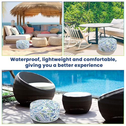 2 Pcs Inflatable Indoor Outdoor Ottoman Pouf with Handle D21 x H9 Inch Waterproof Round Pouf Ottoman Portable Footstool for Patio Garden Camping or Home Pool (2 Count)