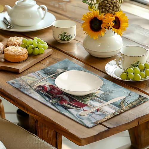 Red Truck Xmas Tree Snowman Christmas Placemats Set of 4 Winter Snowflake Vintage Farmhouse Rustic Place Mats 12x18 Inch Seasonal Christmas Holiday Washable Table Mats for Party Kitchen Dining Decor (4 Count)
