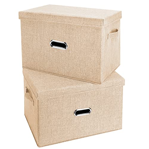 Large Linen Fabric Foldable Storage Bins with Removable Lid and Handles