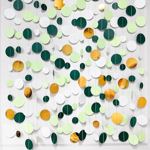 46 Ft Sage Green Gold Party Decorations Polka Dots Garlands Hanging Paper Circle Dots Streamer for Safari Wild Woodland Jungle Theme Birthday Shower Graduation Wedding Party Decorations Supplies