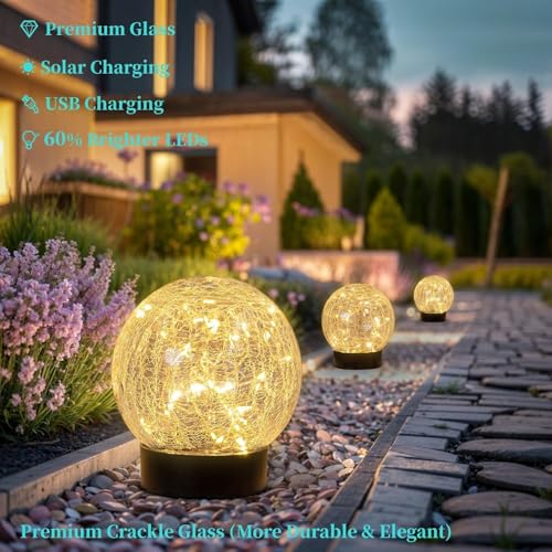 Solar Globe Lights Outdoor Large Garden Decor USB Charged 4.72" Diameter 40LED 1000mAh Solar Lights Cracked Glass Globe Solar Power Yard Patio Garden (2 Count)