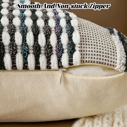 Chenille Striped Textured Boho Throw Pillow Covers Aesthetic with Tassels Woven Decorative Pillow Case for Couch Bed Sofa Bedroom Modern Funky 18 x 18
