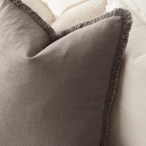 Decorative Linen Fringe Throw Pillow Covers 18×18 Light Coffee (2 Count)