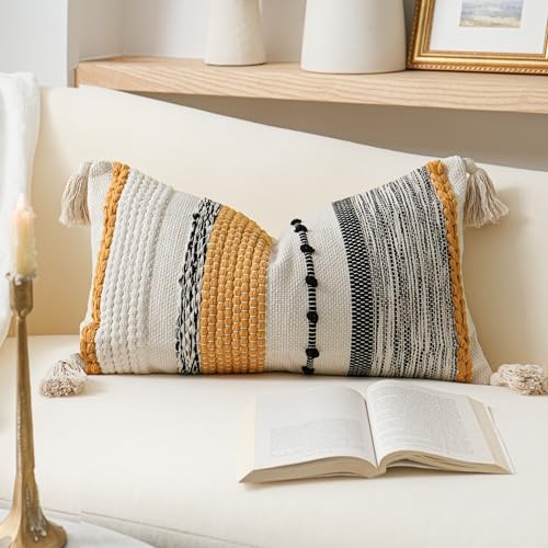 Decorative Lumbar Throw Pillow Cover 14x24 Boho Yellow Mustard Accent Cushion for Couch Sofa Farmhouse Pillowcase for Bedroom Living Room Home Décor Cover ONLY