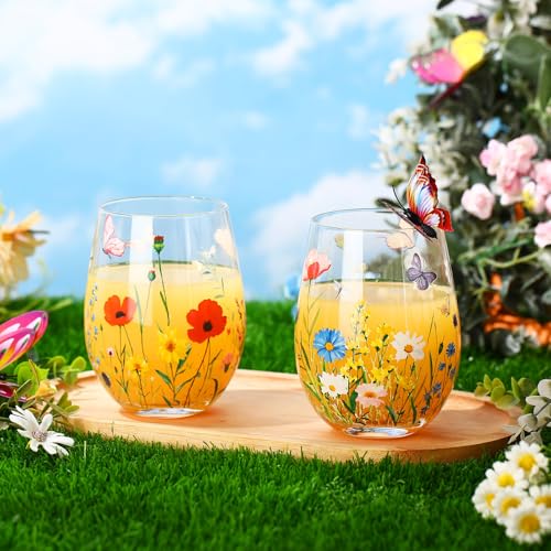 2 Pack 17oz Wildflower Stemless Wine Glasses Floral Butterfly Drinking Glasses Spring Flowers Tumbler Cups for Graduation Wedding Mother's Day Birthday Drinking Party Favors (2 Count)