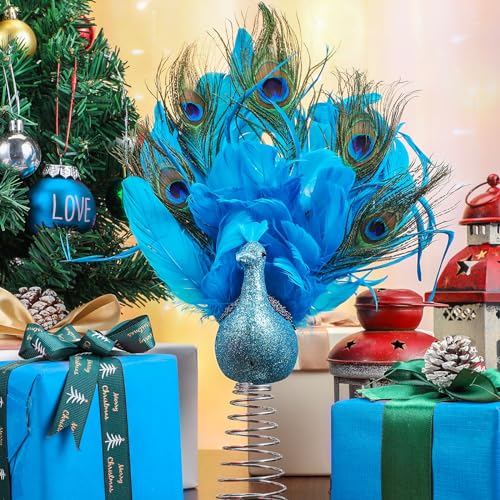 15 Inch Christmas Peacock Tree Topper Peacock Christmas Ornaments Artificial Feather Glitter Blue Ornament for Xmas Tree Decor Indoor Outdoor Home