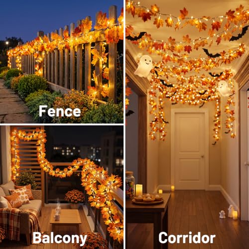 33FT Fall Garland with Lights Connectable Fall Leaves Garland Plugin