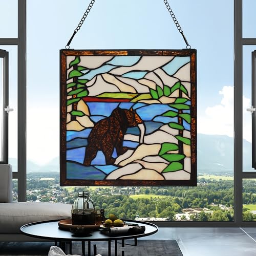 Stained Glass Window Hanging 12" Square Tiffany Animal Style Brown Bears Suncatcher Wall Decor Art Panel Includes 20" Chain and Hooks The Perfect Housewarming Gift