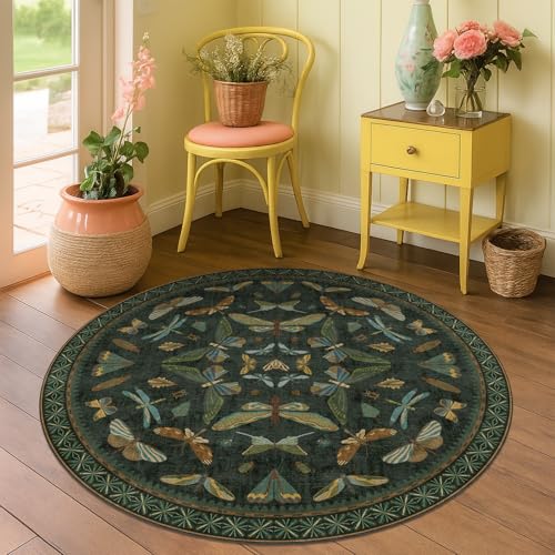 Vintage Dark Green 4ft Round Small Rug for Entryway Indoor (16 Sq Ft)
