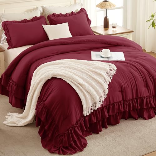 Burgundy Twin Size Ruffle Comforter Set