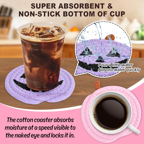 Halloween Pumpkin Cotton Coasters Colored Pumpkin Face Handmade Braided Drink Coasters Pink Purple Orange Absorbent Cup Mats for Trick or Treat Party Home Table Decor (4 Count)