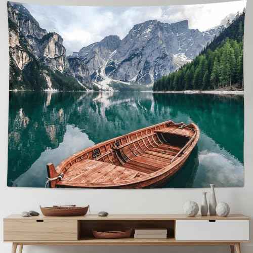 Nature Mountain Lake Boat Tapestry 80x60 Inch