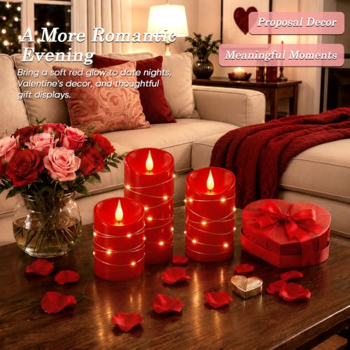 Red Flameless Candles with String Lights (3 Count)