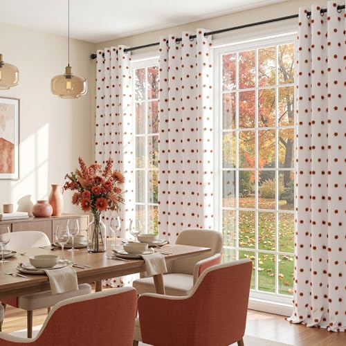 Boho Blackout Curtains for Bedroom with Brick Red Pom Pom Sheer 90 Inch Long 100% Room Darkening Thermal Insulated Curtain for Kids Nursery Living Room Grommet 50" x 90"