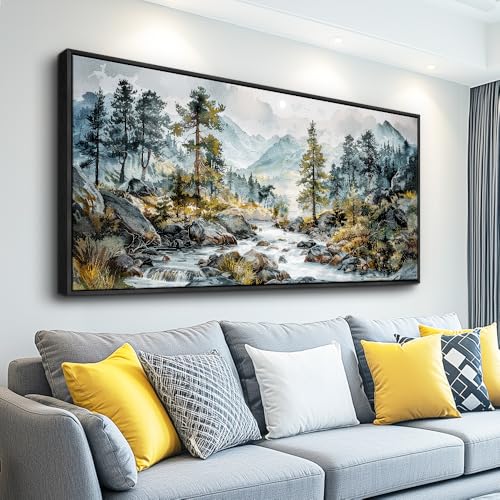 Large Canvas Printing Pictures Artwork Wall Art For Bedroom Wall Decor For Living Room Office Rivulet View Painting Forest Tree Landscape Restaurant Mural Home Decor 20x40 In Black Framed