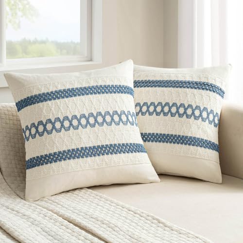 Set of 2 Coastal Blue Boho Decorative Pillow Covers 20x20 Inch (2 Count)