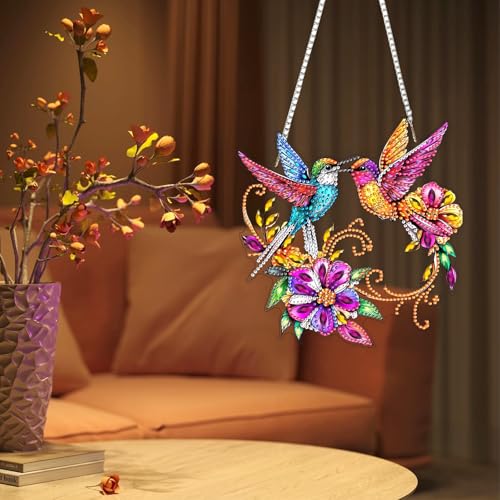 DIY Colorful Hummingbirds Diamond Painting Hanging Ornament
