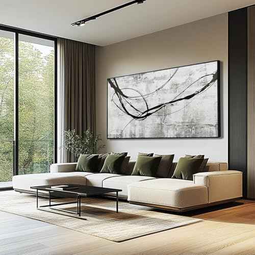 Black Line Canvas Pictures Gray Decorative Painting 29"x58" Wood Wall Art Modern Art Prints Abstract Wall Art for Living Room Wall Pictures for Bedroom