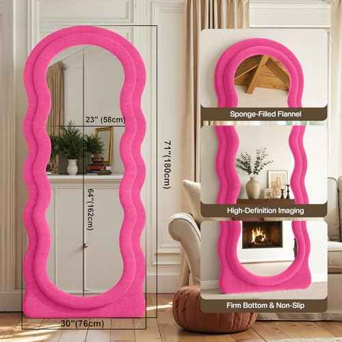 Full Length Mirror 71"x30" Irregular Wavy Full Body Wall Mounted Floor Mirror with Stand Hot Pink Flannel Frame Leaning Hanging Wall for Bedroom Entrance Hallway