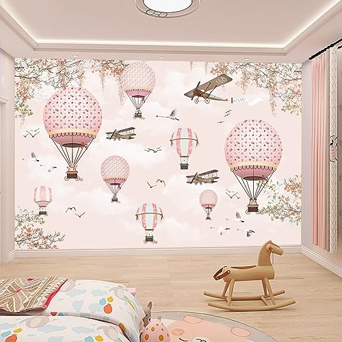 Pink Hot Air Balloon Kids Wallpaper Mural for Nursery Girls Bedroom