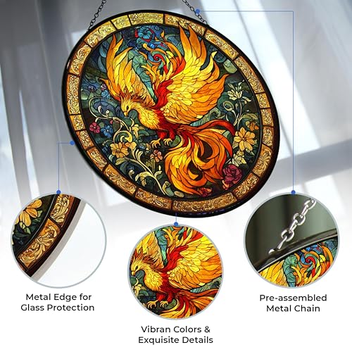 Sacred Phoenix Bird Suncatcher Stained Glass Window Hangings Sun Catchers Colorful Ornament Gifts for Women Mom Wife Halloween Christmas Housewarming 9.8"