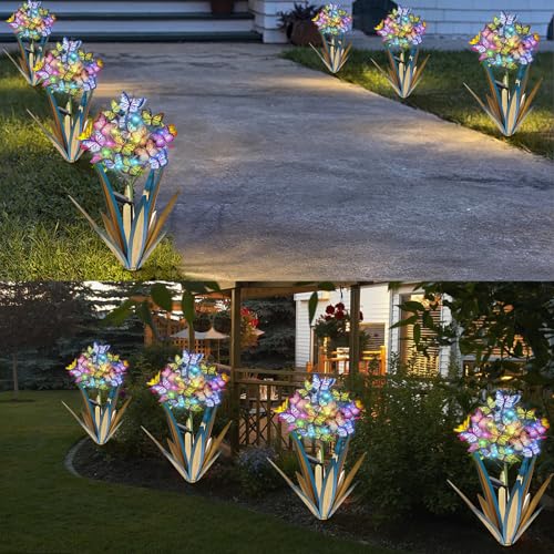 Solar Metal Agave Butterfly Flower Stick Garden Sculpture (2 Count)
