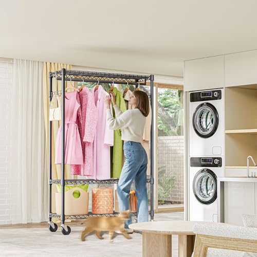 Heavy Duty Rolling Garment Rack 3 Tiers Adjustable Wire Shelving Clothes Rack with 1 Rods and Side Hooks