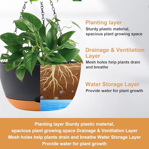 8/10/12 inch Plant Pot Hanging Planters, 3 Pack, Black (3 Count)
