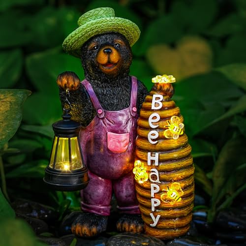 Honey Bear Garden Statue with Lighted Beehive & Lantern