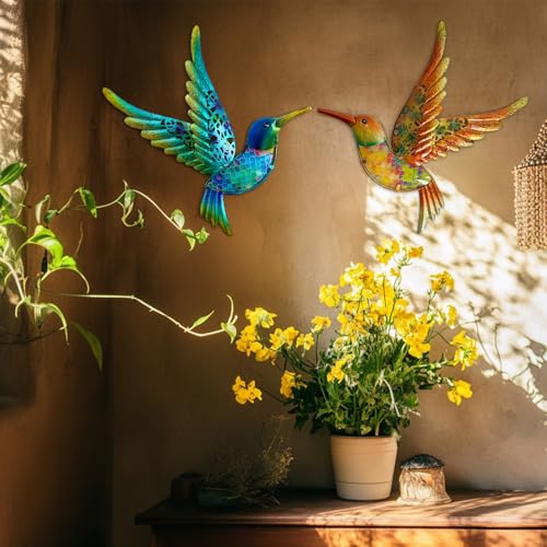 Metal Hummingbird Wall Art 12inch Metal Birds Wall Sculpture Garden Decoration Outdoor Statue Patio Fence Hanging Plaques 2 Pack（Multicolor） (2 Count)