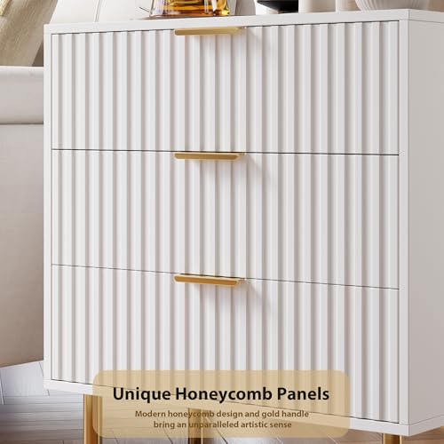 Fluted White 3 Drawer Dresser for Bedroom with Deep Drawers