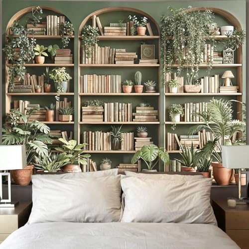 Sage Green Plant Bookshelf Tapestry Botanical Bookshelf Tapestries Wall Hanging Vintage Potted Plants Library Backdrop Extra Large Tapestry for Bedroom Living Room Dorm 90 x 68 inch