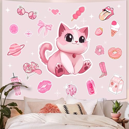 Y2K Tapestry Pink Cat Wall Tapestry