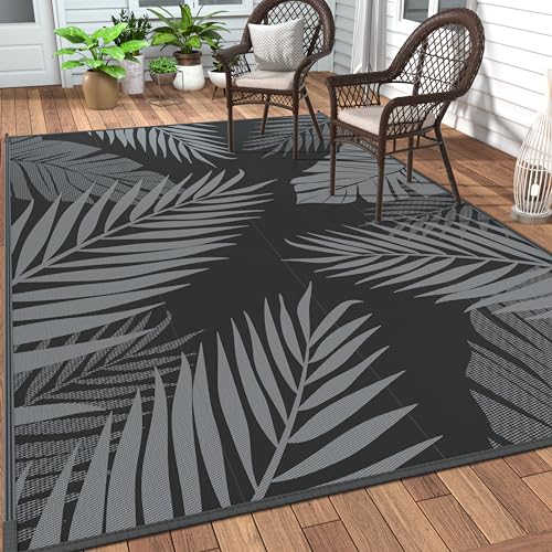 Outdoor Rug Waterproof Plastic Rugs 10'x14' for Camping Black Grey