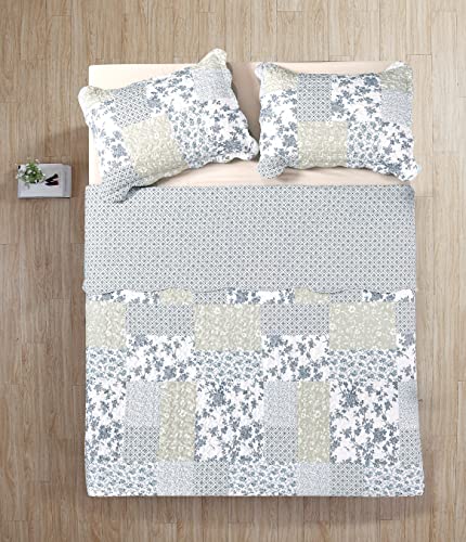 Multi Blue & Beige Floral Patchwork Quilt Set