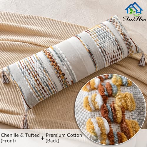 Chenille Striped Textured Boho Throw Pillow Covers Aesthetic with Tassels Woven Decorative Pillow Case for Couch Bed Sofa Bedroom Modern Funky 14 x 36