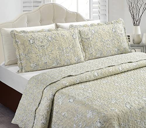 Classic Grey Floral Toile in Beige Hues Quilt Set