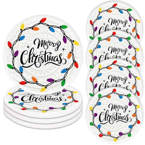 Merry Christmas Cotton Coasters Colorful Light Bulb Handmade Braided Drink Coasters Absorbent Cup Mats for Xmas Holiday Party Home Table Decor (4 Count)