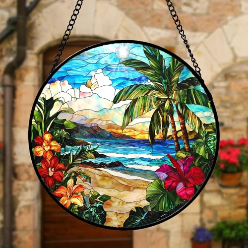 Tropical Hibiscus Beach Stained Glass Window Hanging Suncatcher Gifts 7.8"