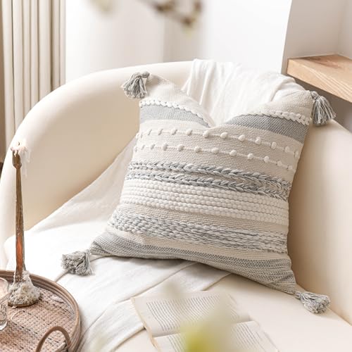 Gray Boho Decorative Throw Pillow Cover 20x20 Square Farmhouse Accent Cushion for Couch Sofa Livingroom Bedroom Pillowcase Modern Home Décor