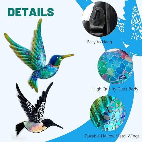 Metal Hummingbird Wall Art 12inch Metal Birds Wall Sculpture Garden Decoration Outdoor Statue Patio Fence Hanging Plaques 2 Pack（Multicolor） (2 Count)