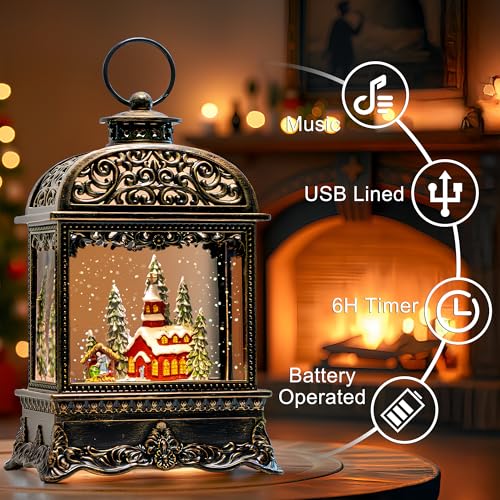 Christmas Snow Globe Water Lantern with Horse Drawn Carriage Christmas Scene Battery Operated or USB Powered Musical Lighted Holiday Decoration for Tabletop Display for Family