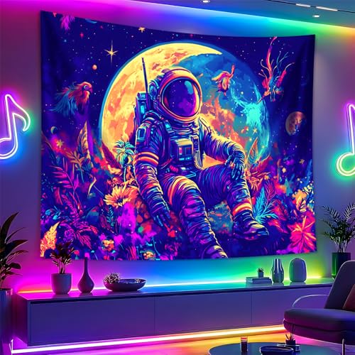 Blacklight Space Astronaut Tapestry UV Reactive Galaxy Planet Glow in Dark Tapestries Black Light Poster Neon Wall Hanging Art for bedroom Living Room