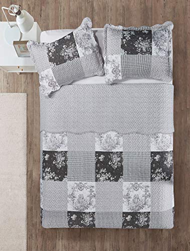 Multi Grey Toile & Floral Patchwork Quilt Set