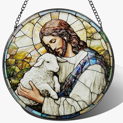 8 Inches Jesus Holding Lamb Painted Stained Glass Suncatcher