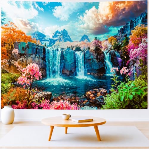 Waterfall Tapestry Tropical Forest Mountain Sunset Tree Wall Hanging Tapestry Scenic Rainforest Landscape Nature Sunrise Headboard for Bedroom Living Room Home Decor