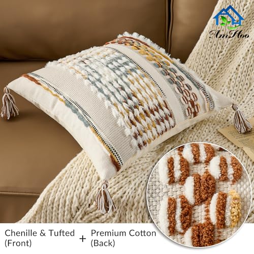 Chenille Striped Tufted Textured Boho Throw Pillow Covers Aesthetic with Tassels Woven Decorative Pillow Case for Couch Bed Sofa Bedroom Modern Funky 18 x 18