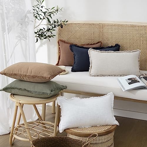 Boho Linen Fringe Lumbar Throw Pillow Covers 12×20 Olive Green (2 Count)