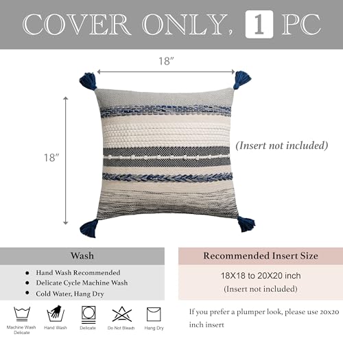 Navy Dark Blue Decorative Throw Pillow Cover 18x18 Square Boho Accent Pillowcase Tassels Farmhouse Cushion for Couch Sofa Bedroom Living Room Home Décor Cover ONLY